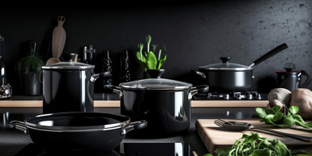 New cookware set on black induction hob in modern kitchen Pot and frying pan in the kitchen on the hob cooking concept close up of kitchen table with modern equipment : Generative AIの素材