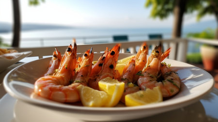 Grilled Argentine shrimp with mangojalapeno sauce Lunch in a restaurant a woman eats delicious and healthy food Delicious fresh seafood prawns with fresh vegetables and l : Generative AIの素材
