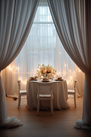 Interior of a wedding tent decoration ready for guests Served round banquet table outdoor in marquee decorated flowers and silk Catering concept : Generative AIの素材