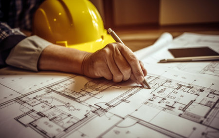 The construction worker hold in hands Architectural blueprints Repair or construction of a new apartment Concept for new house design or home improvement Development of t : Generative AIの素材