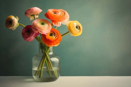 Persian buttercup Bunch red ranunculus flowers in Glass vase Floral Wallpaper Texture of flower : Generative AIの素材
