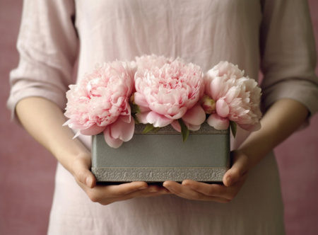 Round box with Bouquet of Pink peonies in a women hand Beautiful peony flower for catalog or online store Floral shop concept Beautiful fresh cut bouquet Flowers delivery : Generative AIの素材