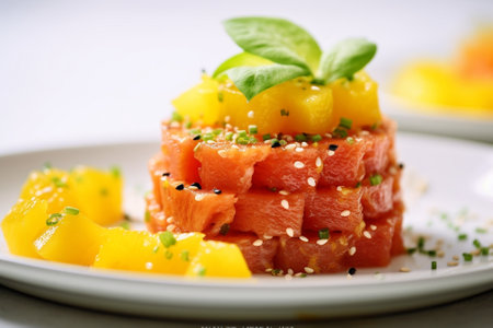 Salmon tartare with cucumber and sesame seeds Tasting dish on a wooden table : Generative AIの素材