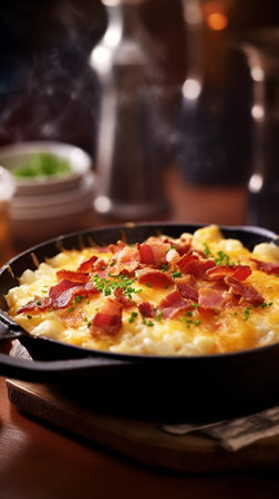 Potato with cheese casserole in a castiron frying pan Closeup of a woman eating with a fork Latvian cuisine : Generative AIの素材