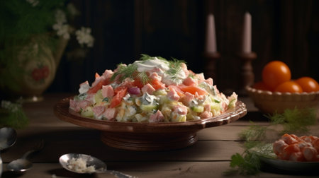 Russian traditional salad Olivier with vegetables and meat Salad on a white dish on table restaurant menu : Generative AIの素材