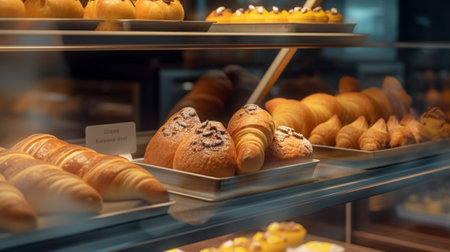 Lot of croissant is fresh and hot in a cafe next to other types of pastries A variety of fresh pastries in the bakery window The interior of an Italian restaurant : Generative AIの素材