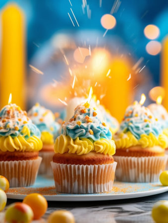 Mini mousse pastry dessert with yellow glazed on garland lamps bokeh background Modern european cake French cuisine Christmas theme : Generative AIの素材