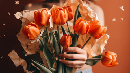 Orange color tulips in woman hand Young beautiful woman holding a spring bouquet Bunch of fresh cut spring flowers in female hands : Generative AIの素材
