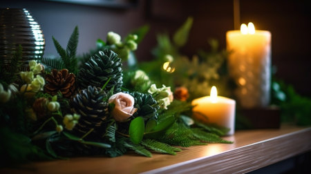 Small arrangement of fresh spruce with a candle in a ceramic pot Christmas mood Bokeh of Garland lights on background : Generative AIの素材