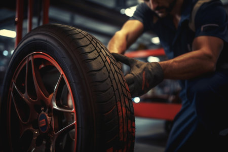 auto mechanic sets the car for diagnostics and configuration Wheel alignment equipment on a car wheel in a repair station : Generative AIの素材
