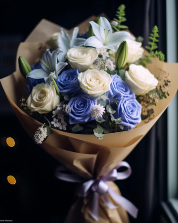 White and blue color Beautiful bouquet of mixed flowers in womans hands the work of the florist at a flower shop Fresh cut flower : Generative AIの素材