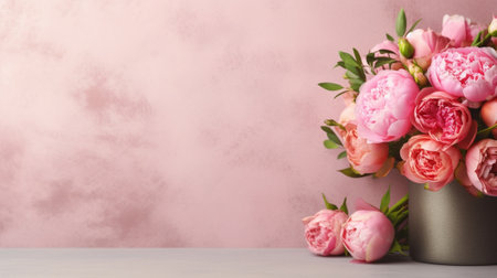 pink persian buttercup flowers Curly peony ranunculus in Metallic gray vintage watering can copy space : Generative AIの素材