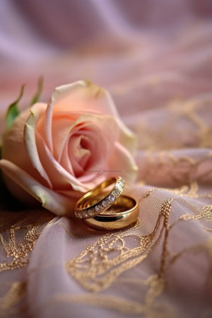 Two golden wedding rings laying on tray of orange roses accessories for the bride and groom Preparation for the ceremony : Generative AIの素材