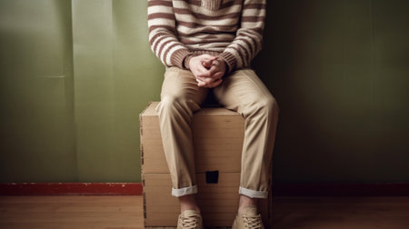 Trendy guy sitting on wood box on background brick wall : Generative AIの素材