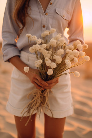 Young girl holding a beautiful spring bouquet flower arrangement with white flowers Bright dawn or sunset sun : Generative AIの素材