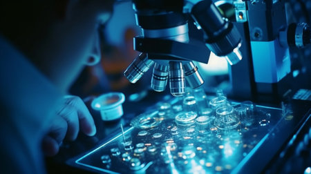 Work with a microscope Microelectronics device Closeup hands of a service worker repairing modern smartphone Repair and service concept : Generative AIの素材