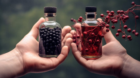 Tincture bottles of lemon currant berries and rowanberries Herbal medicine Spirits wine and liqueur : Generative AIの素材