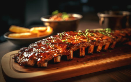 The waiter is holding a wooden plate Delicious Pork ribs Full rack of ribs BBQ on wooden plate with french fries and salad : Generative AIの素材