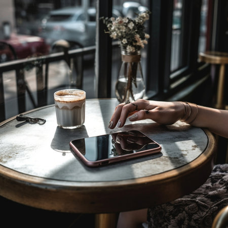 Young woman drinking coffee Female holding cup Sitting in coffee shop at wooden table On table plate with breakfast pleasant morning the beginning of the working day : Generative AIの素材