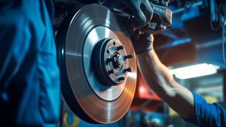 change the old drive to the Brand new brake disc on car in a garage Auto mechanic repairing : Generative AIの素材