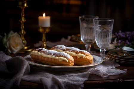 Traditional french eclairs with chocolate Breakfast in the cafe morning coffee Cappuccino and lots of desserts on the table Cake decorated with chocolate cream on top of  : Generative AIの素材