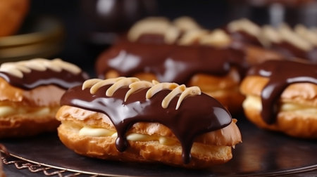 Traditional french eclairs with chocolate A young woman drinks coffee cappuccino in a restaurant and eats dessert Cake decorated with vanilla cream and chocolate frosting : Generative AIの素材