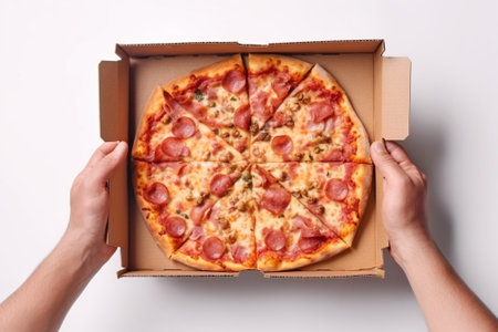 one people taking slices of pizza out of the box fast delivery of food packaging for fast food top view : Generative AIの素材