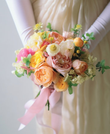 Wedding bouquet of jasmine roses peony and buttercup Lots of greenery modern asymmetrical disheveled bridal bunch Spring flowers : Generative AIの素材