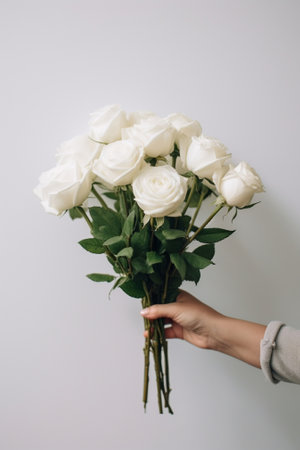 selective focus on flowers Beautiful bouquet of white peonies in woomans hands Floral composition daylight Wallpaper Vertical photo : Generative AIの素材