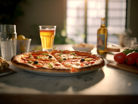 beautiful table of italian pasta pizza burger and drinks selective focus : Generative AIの素材