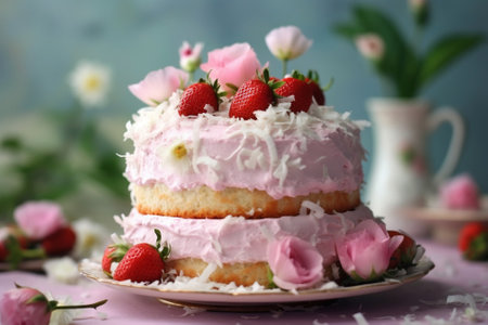 womens hands pour the sauce on the cake Delicate strawberry cheesecake with coconut Delicious homemade cake with Fresh berries on light table : Generative AIの素材