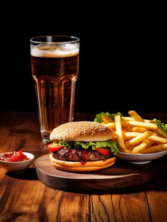 empty space for a Burger or other dish Big lunch fries and chicken broth soup Glass of orange juice on a wooden background The concept of fast food and unhealthy food : Generative AIの素材