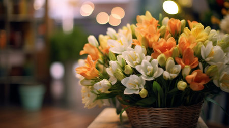 flower shop concept Closeup beautiful lovely bouquet of mixed flowers on wooden table Wallpaper : Generative AIの素材