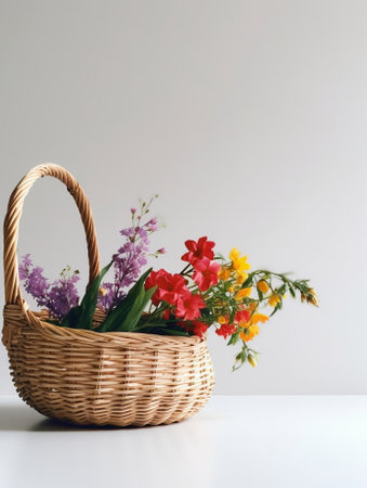 flowers arrangement with various of colors in wicker basket on pink table beautiful spring bouquet bright room white wall copy space : Generative AIの素材