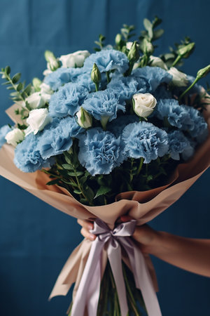 Mono bouquet of blue carnations in woman hand Unusual flowers dianthus Spring flower pattern : Generative AIの素材