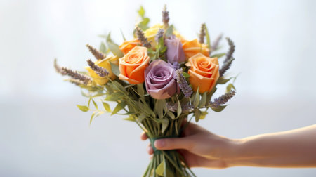 Beautiful bouquet of pastel purple roses in womans hands the work of the florist at a flower shop Delivery fresh cut flower European floral shop : Generative AIの素材