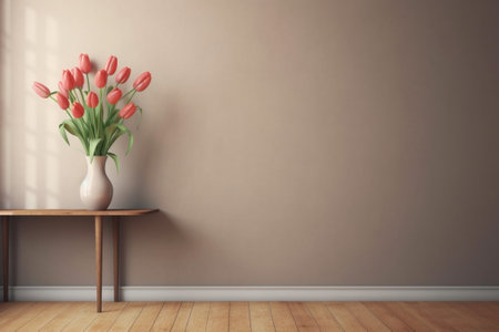 Beautiful orange and with red streaks tulips in vase Flower background Floral Wallpaper Copy space : Generative AIの素材