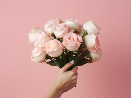 Bouquet of roses in womens hands Bunch pale pink the concept of a florist in a flower shop Wallpaper : Generative AIの素材
