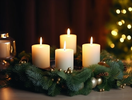 Christmas wreaths with four candles Market of decor Lots of christmas decoration in store Christmas shopping for new year tree : Generative AIの素材