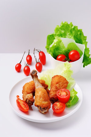 Delicious juicy meat cutlets mashed potatoes sprinkled with greens and fresh healthy salad of tomatoes and lettuce leaves : Generative AIの素材
