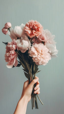 Bush roses Pink peony in womans hand Beautiful peony flower for catalog or online store Beautiful bouquet Floral shop concept Fresh cut Flowers delivery : Generative AIの素材