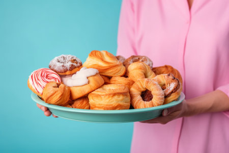 Female hands holding cup of green tea top view Beautiful morning in home A lot of cake and desserts Copy space : Generative AIの素材
