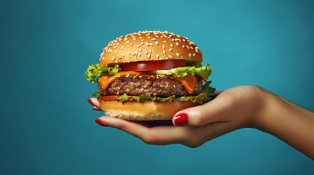 Eating at work place fast food burger near laptop lunch break while you work or sharing online the closeup hand holding food : Generative AIの素材