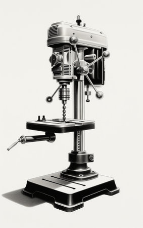 Drilling machine New Industrial Iron drill in workshop interior Tool store or exposition stand : Generative AIの素材