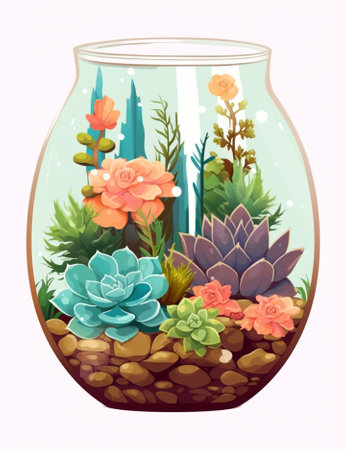 Florarium Glass vase with succulent plant Miniature cactus in a : Generative AIの素材