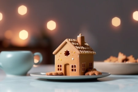 Homemade gingerbread house on background room decorated for Christmas : Generative AIの素材