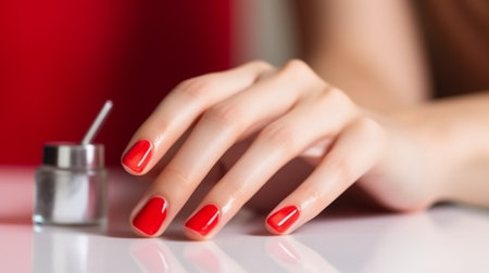 Female hands with manicure and red lacquer on a white table in the beauty salon closeup of hand of a young woman : Generative AIの素材