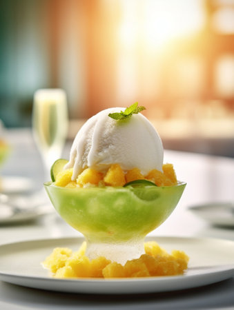Fruit apple strudel cake served with ice cream mint leaf and vanilla sauce Classical austrian dessert on white plate Sweet dessert in the restaurant Morning light : Generative AIの素材