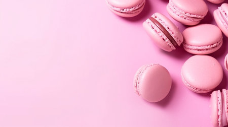 French cake macaron Set of cute sweets on pastel pink background almond cookies pastel colors top view : Generative AIの素材