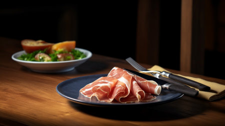 Fried potato with bacon and green beans on plate over wooden background : Generative AIの素材